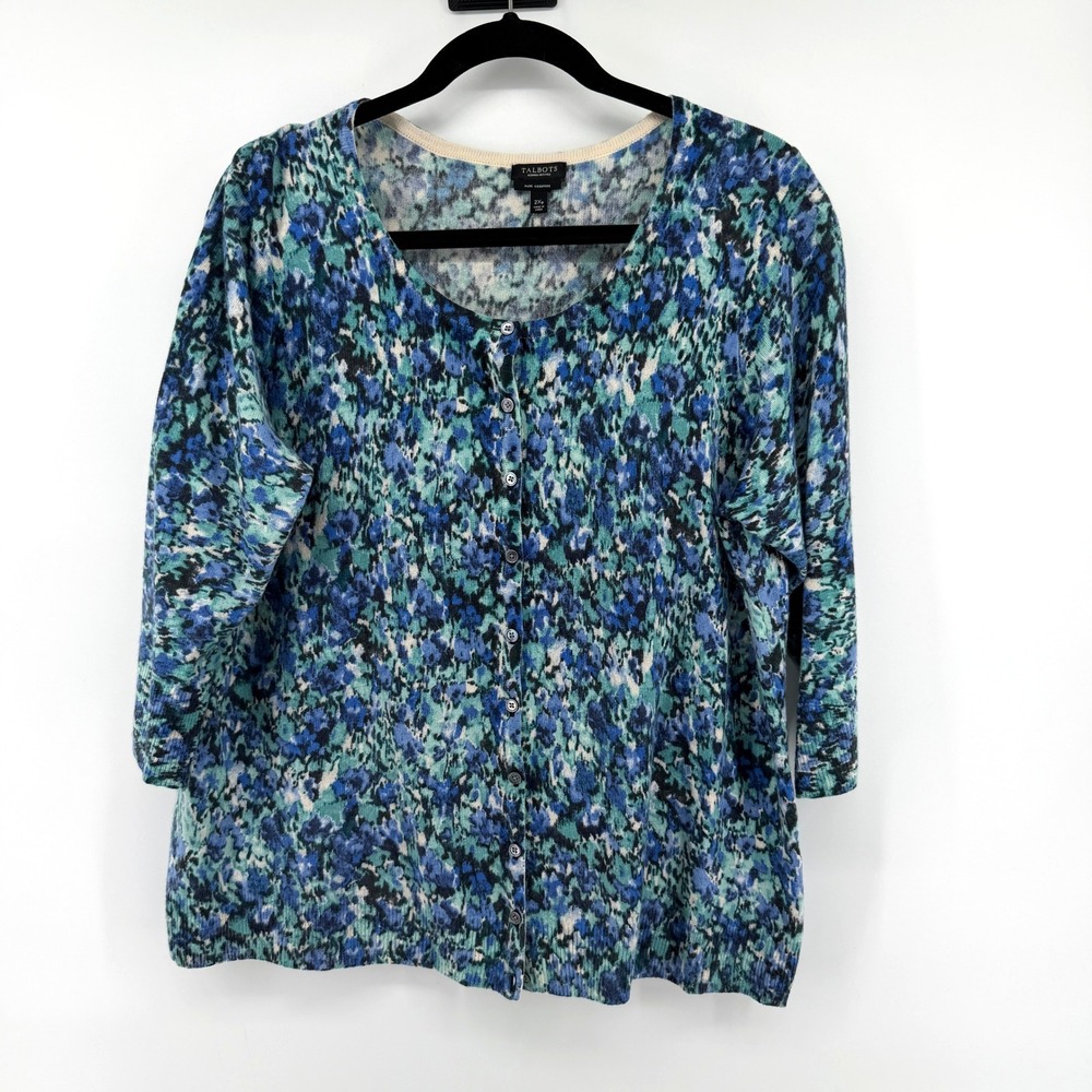Talbots Cardigan Sweater 100% Cashmere 2XP Blue Floral Womens Petite Plus Luxury